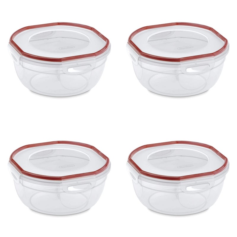 Sterilite Ultra-Seal 2.5 Qt Bowl, Airtight Food Storage Container, Plastic, Latching Lid, Microwave and Dishwasher Safe, Clear With Red Gasket, 4-Pack - Image 1